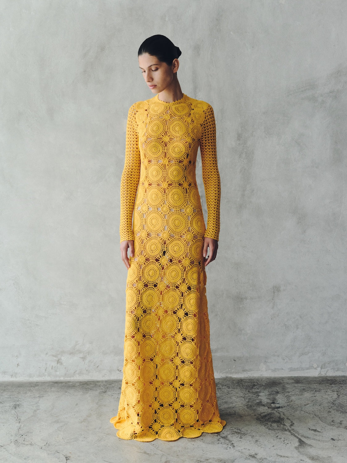 ESCVDO Siula Hand-Crocheted Long Sleeve Dress Yellow, Floral Pattern, Back Detail TWLV ESCVDO Siula Hand-Crocheted Long Sleeve Dress Yellow, Floral Pattern, Back Detail TWLV