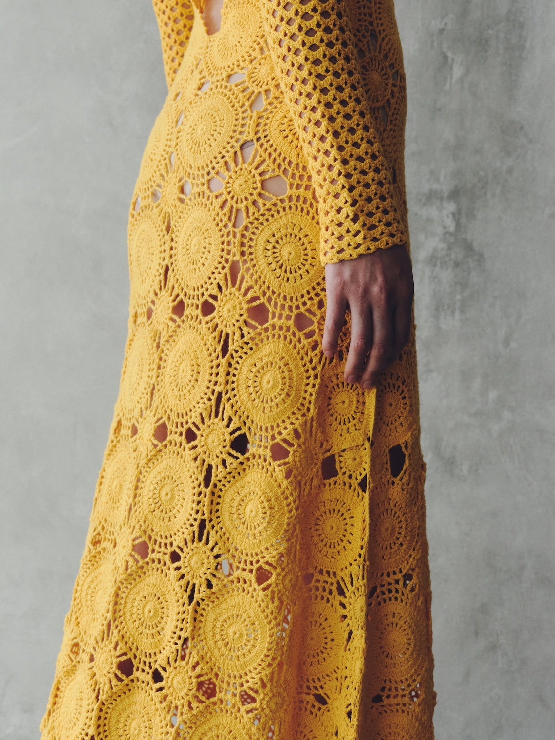 yellow crochet dress Landry Midi Dress-Yellow L Each crochet motif is individually handcrafted and meticulously joined to form the dresss intricate structure Mustard Yellow Crochet Knit Midi