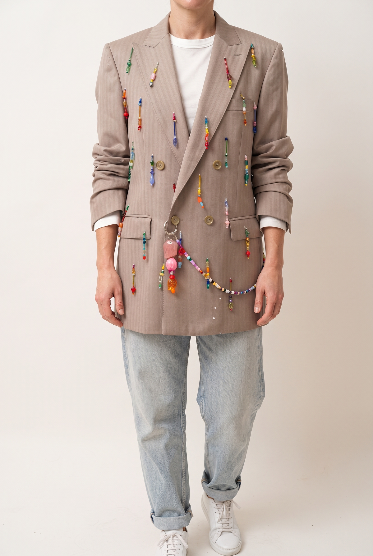 Beige Rainbow Beaded Blazer